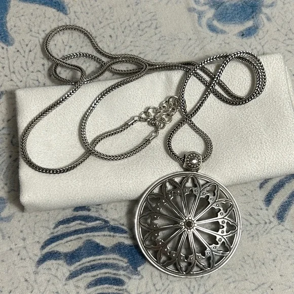 Brighton Capella Long Necklace Silver Plated 2"D Medallion Thick Chain